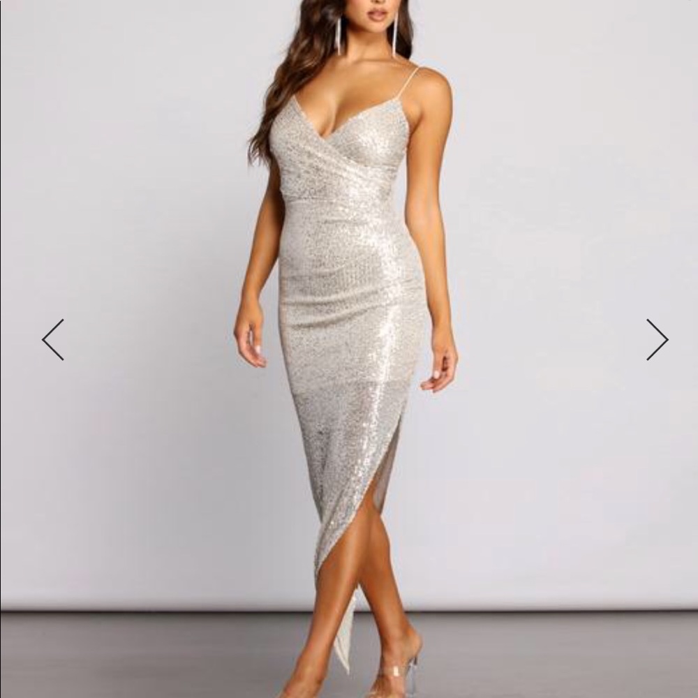 Silver sequin asymmetrical midi dress
